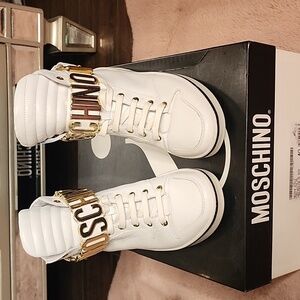 Moschino White and Gold Athletic Shoes